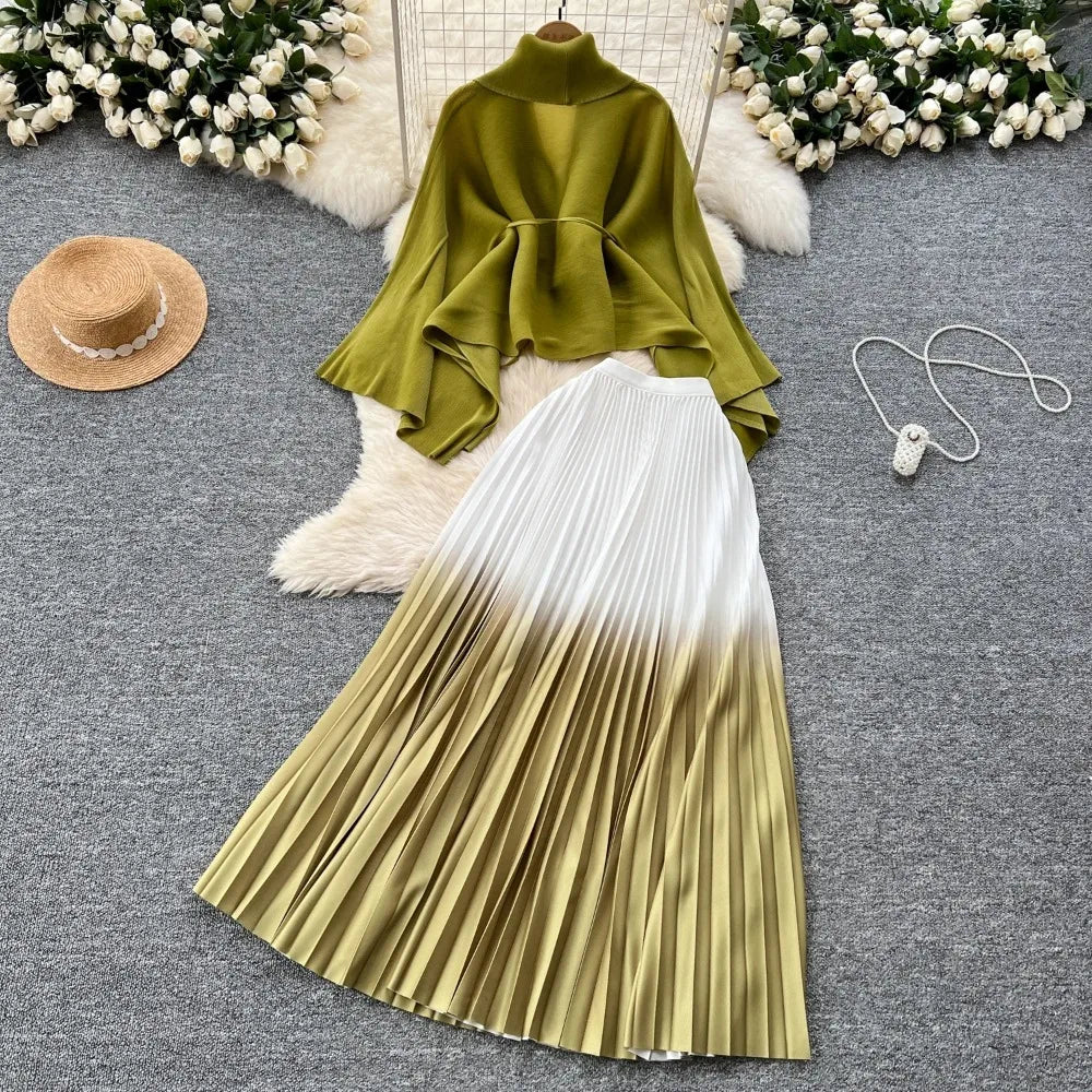 Elegant Long Sleeves Bandage Loose Top High Waist Pleated Skirt Evening High Street Fashion Autumn Winter Gradient Color Sets