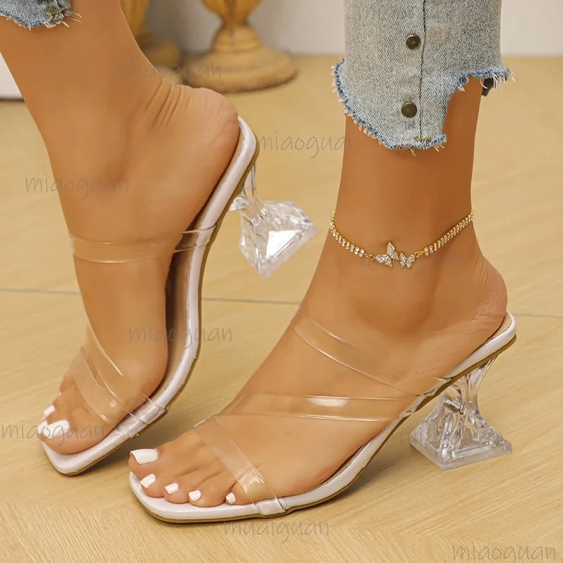 Clear Transparent PVC High Heel Sandals for Women Square Toe Fashionable Women's Casual Slippers Size 35-42 Summer Footwear New