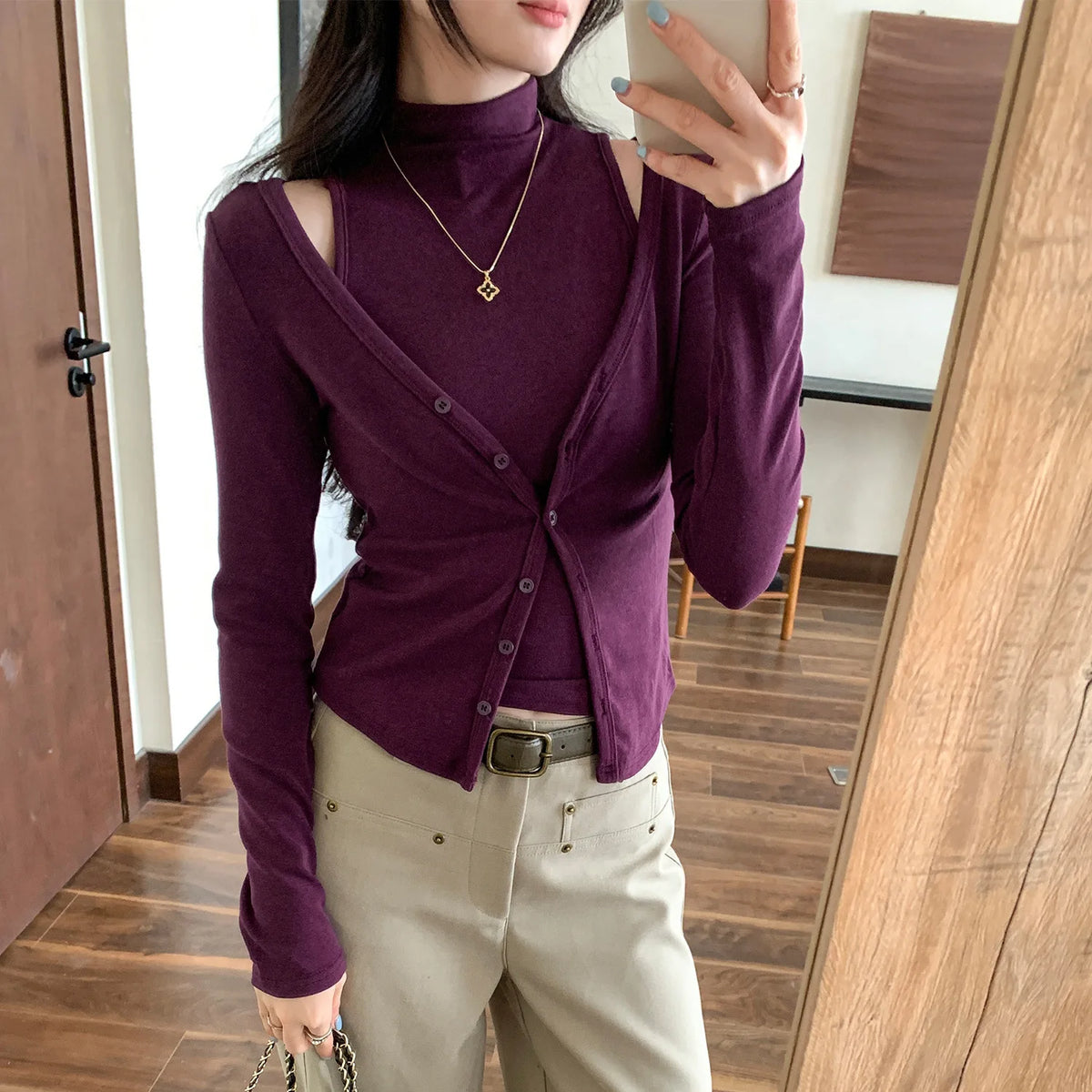 Grey Mock Neck Long Sleeve Buttoned Cardigan and Cami Set