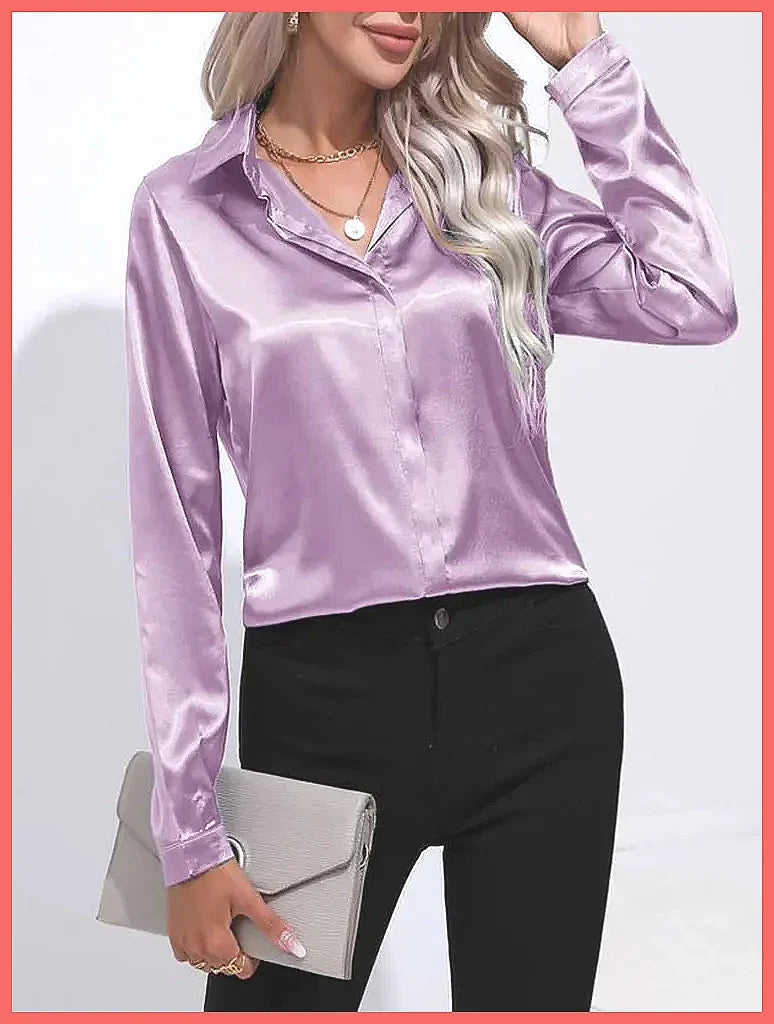 2025 Spring Summer Satin Shirt for Women, V-Neck Long Sleeve Silk Blouse Loose Office Shirt in Black White