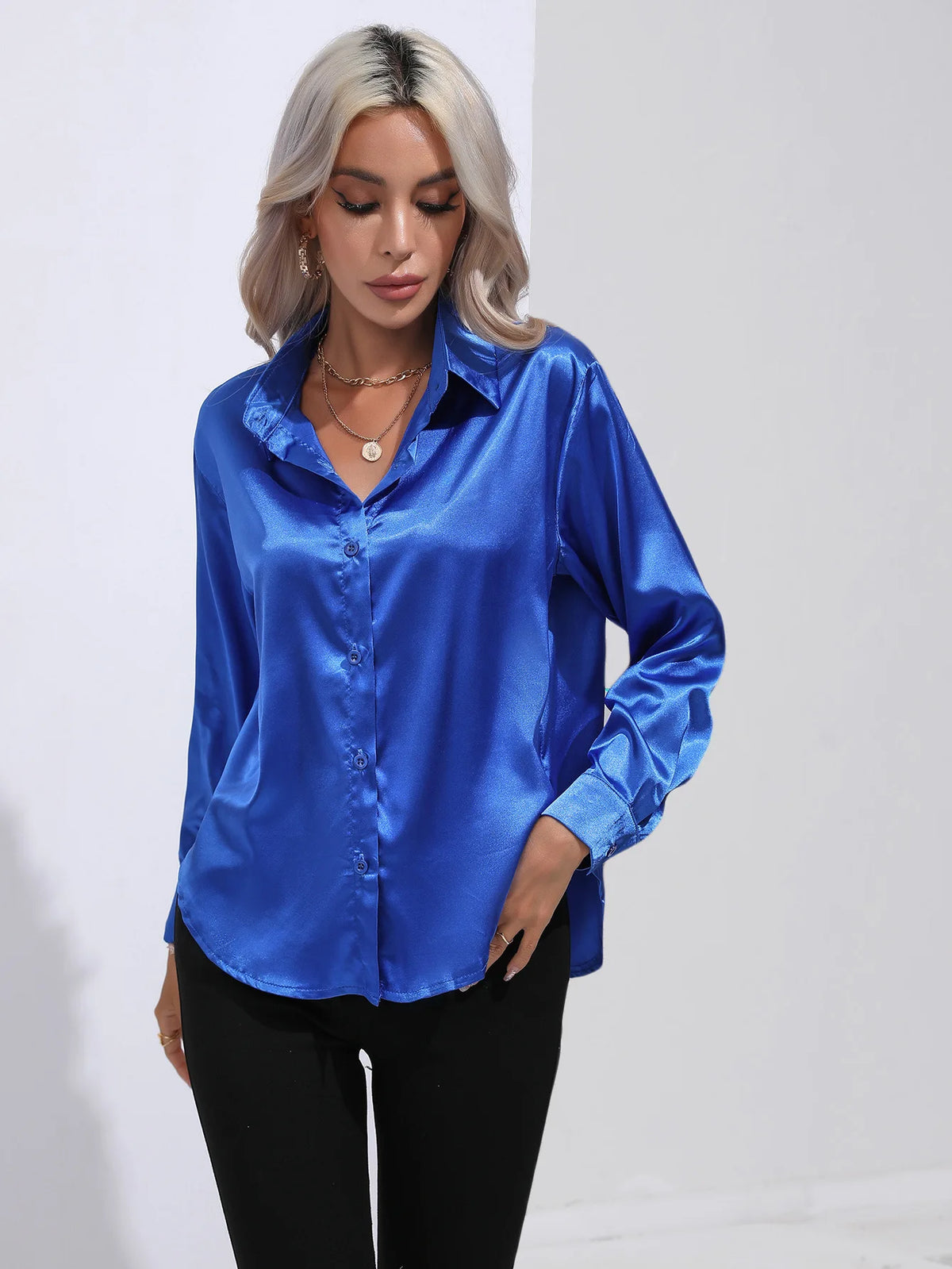 2025 Spring Summer Satin Shirt for Women, V-Neck Long Sleeve Silk Blouse Loose Office Shirt in Black White
