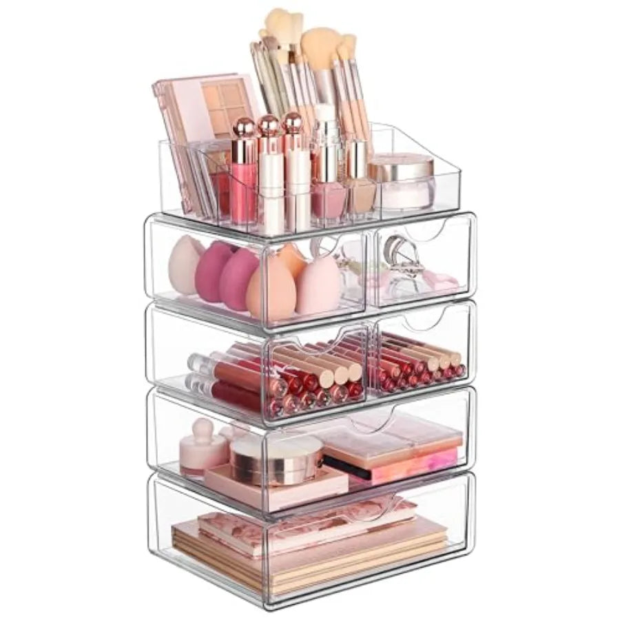 5 Tier Clear Makeup Organizer with Drawer Cosmetic Storage for Dresser Countertop and Bathroom Vanity Beauty Holder for Lipstic