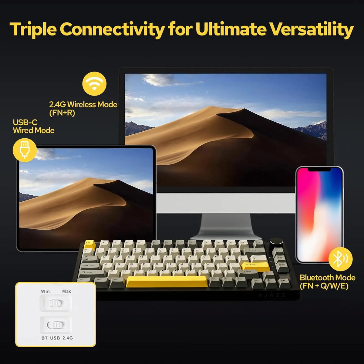 Ajazz AK820/AK820Pro Gaming Mechanical Keyboard Bluetooth 5.1/Wireless/C-Wired Customized Keyboard with Knob Hot Swapping Gasket