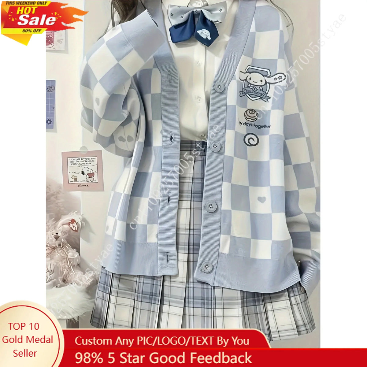 Cinnamoroll Light Blue White Checkered Cardigan Featuring A Heart-Shaped Designed for Teen and Women Long-Sleeved Thin Sweater