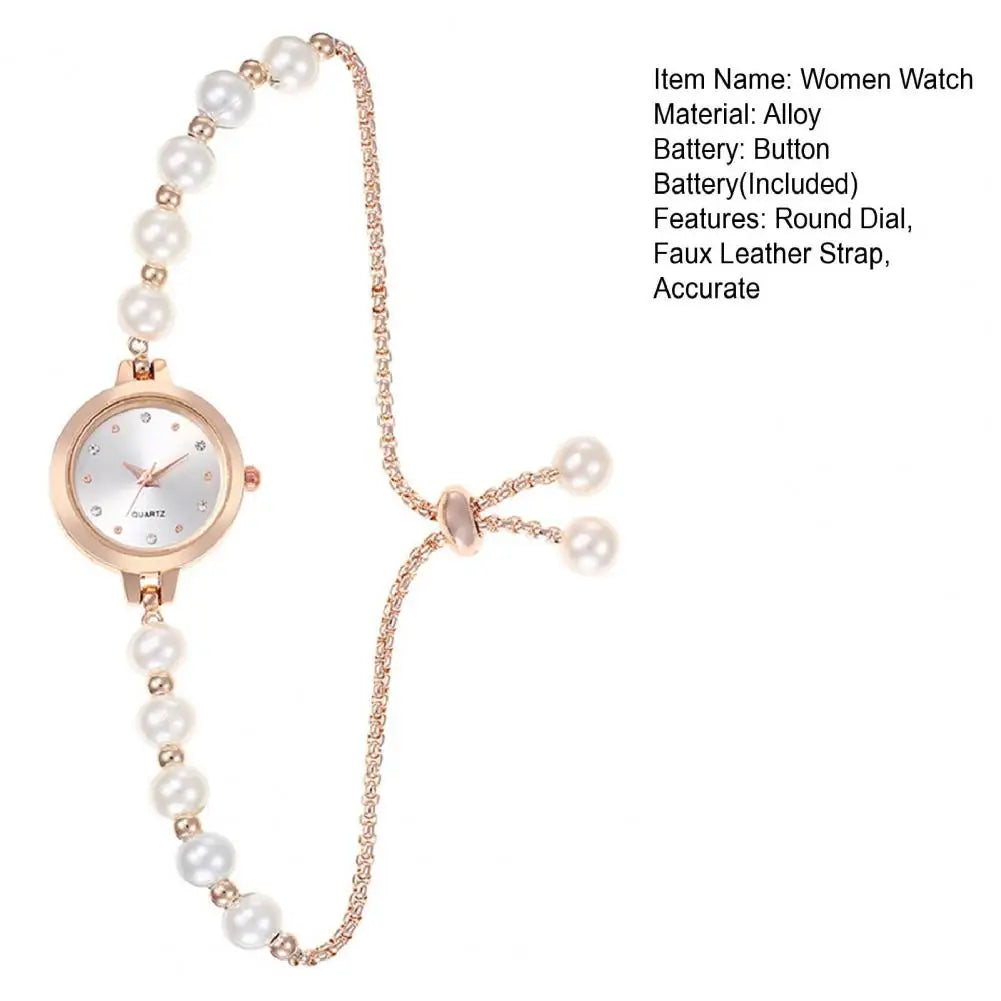 2.3cm Women Rhinestone Bracelet Watch Adjustable Faux Pearl Strap Round Dial Quartz Wristwatch Lady Fashion Jewelry Accessories