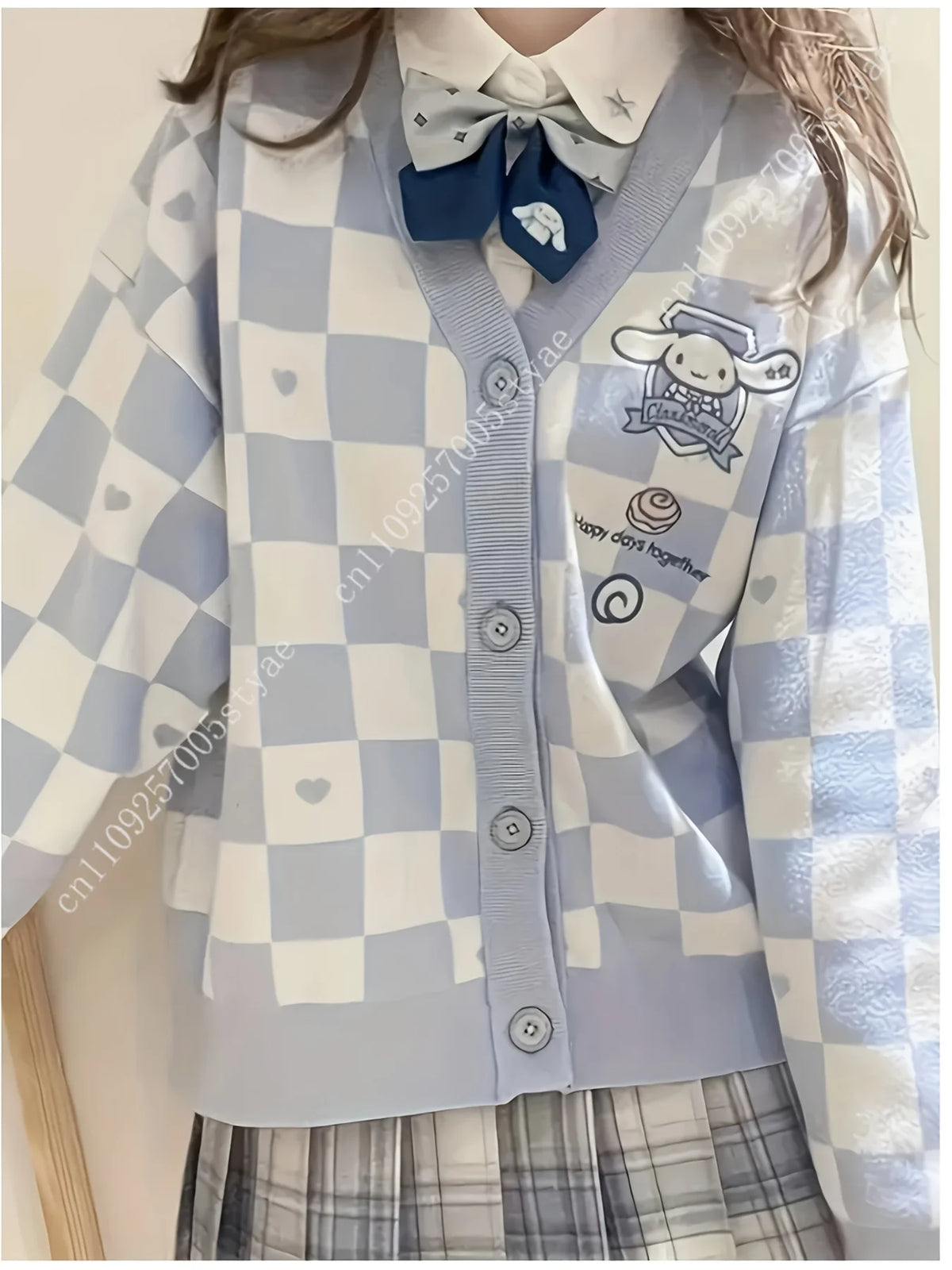 Cinnamoroll Light Blue White Checkered Cardigan Featuring A Heart-Shaped Designed for Teen and Women Long-Sleeved Thin Sweater