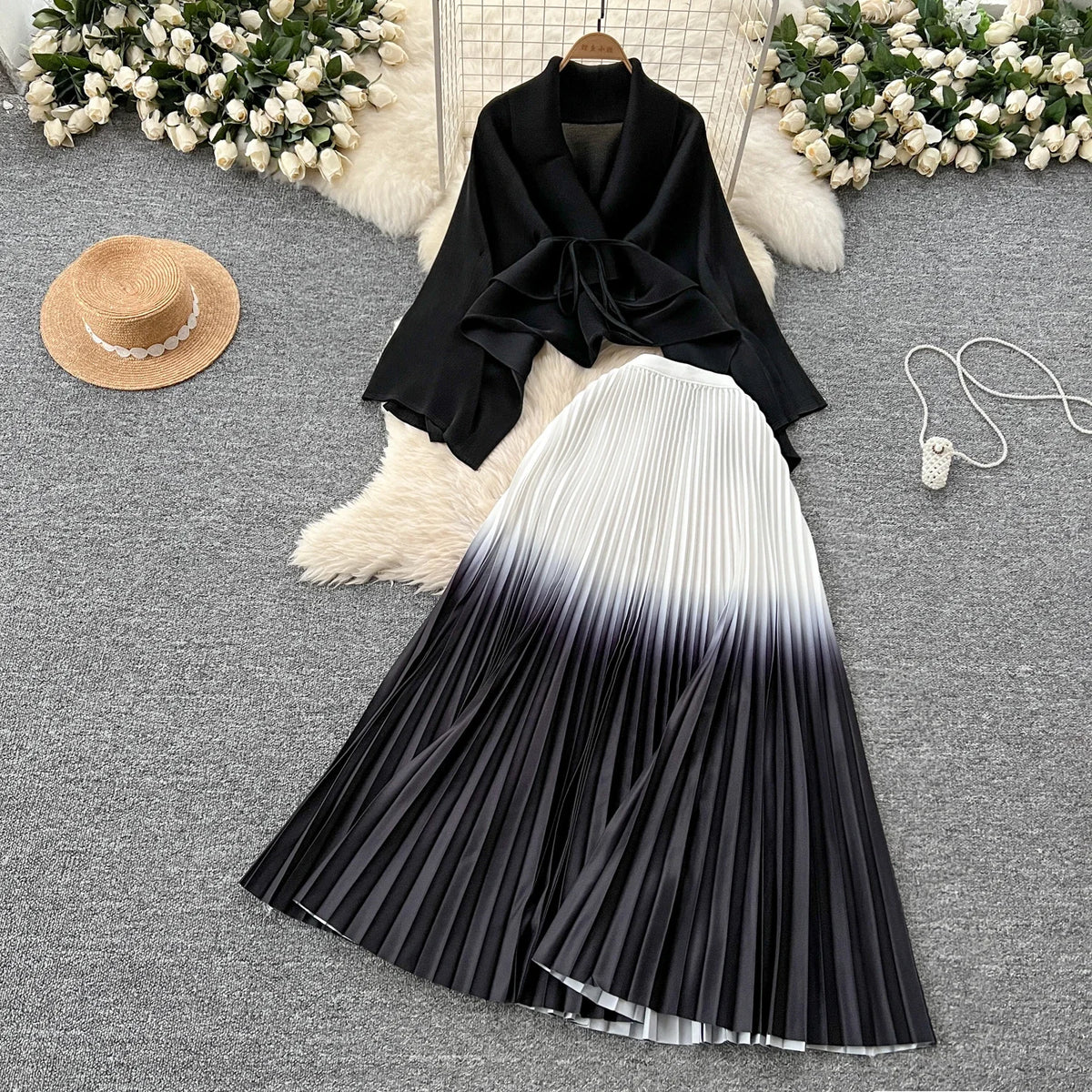 Elegant Long Sleeves Bandage Loose Top High Waist Pleated Skirt Evening High Street Fashion Autumn Winter Gradient Color Sets