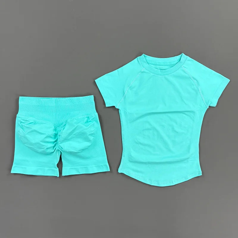 2 Pieces HISTELLO Sports Sets Short Sleeve Seamless Yoga Top Fitness Set Women Workout Running Sports Shorts Gym Suit