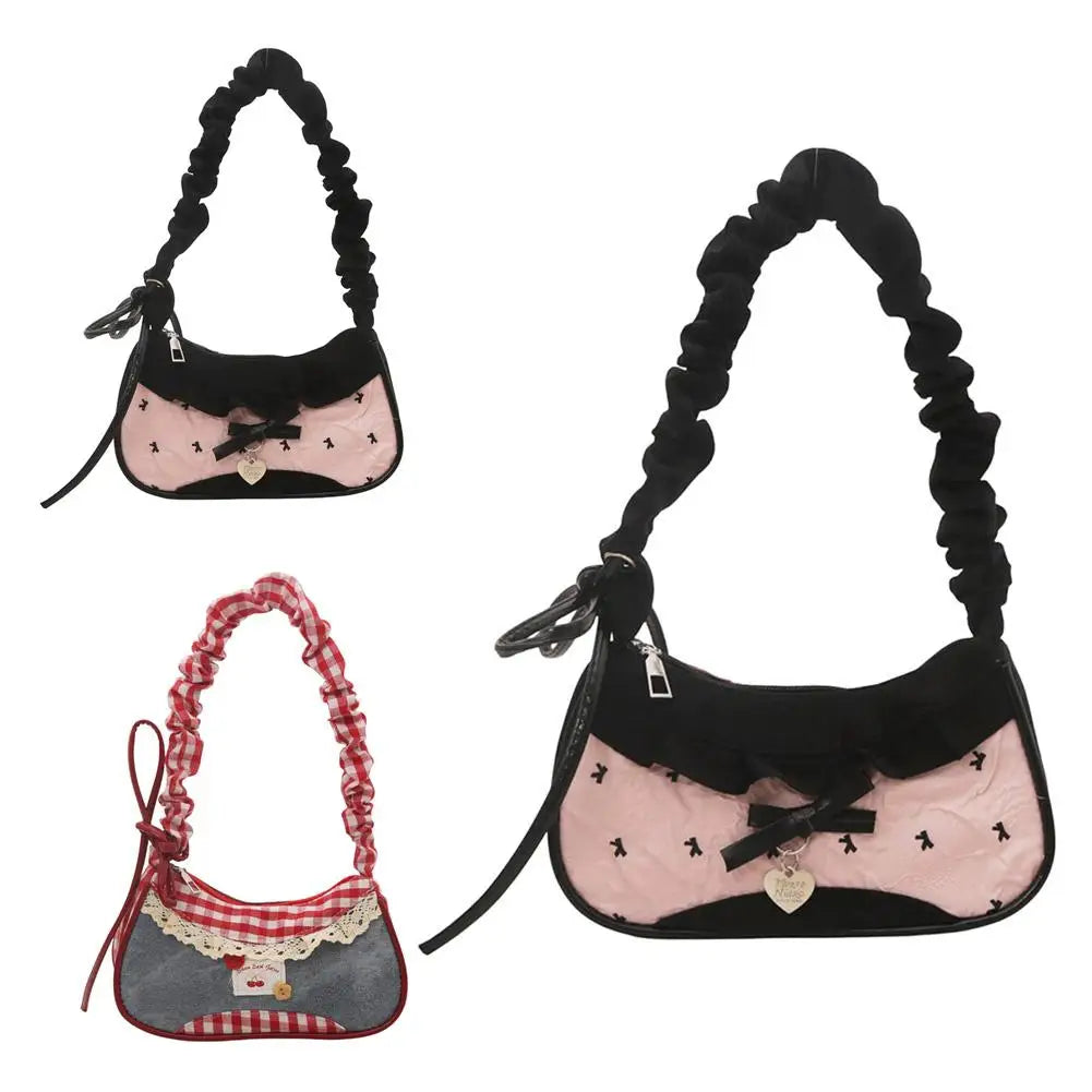 Fashion Grid Women Bag Lace Ribbon Stretchable Shoulder Strap Single Shoulder Underarm Bag Daily Commuting Student Handbag
