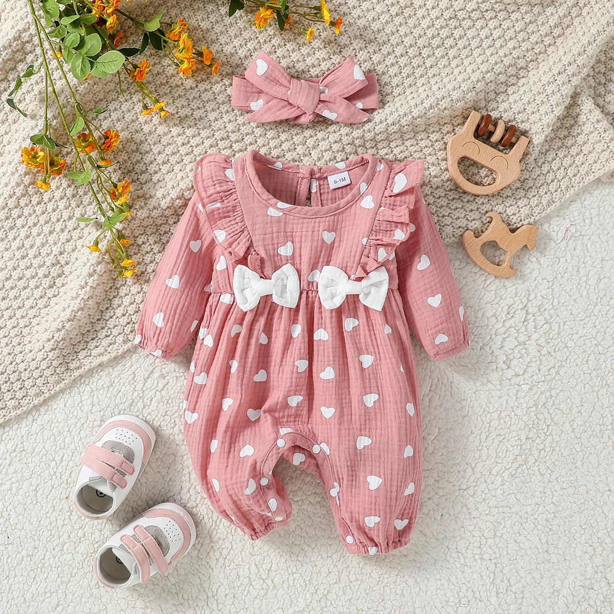 Baby Girl's All Seasons Long Sleeve Print Floral With Bow Daily Jumpsuit For Newborn-6M Clothes +Headband