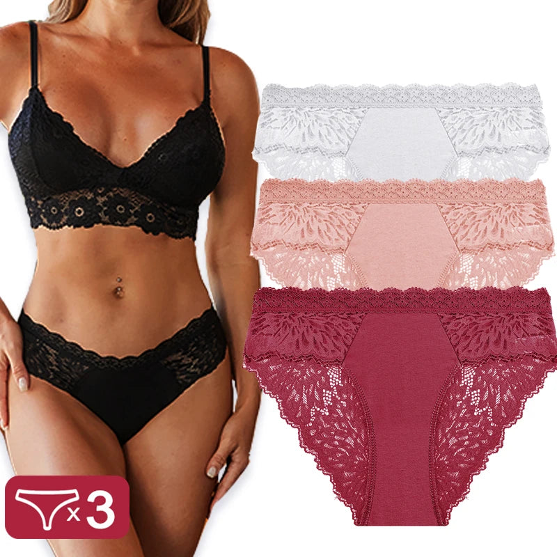 3PCS/Set Sexy Perspective Women Back Lace Panties Patchwork Cotton Underpants Hollow Out Lingerie Underwear Comfortable Briefs