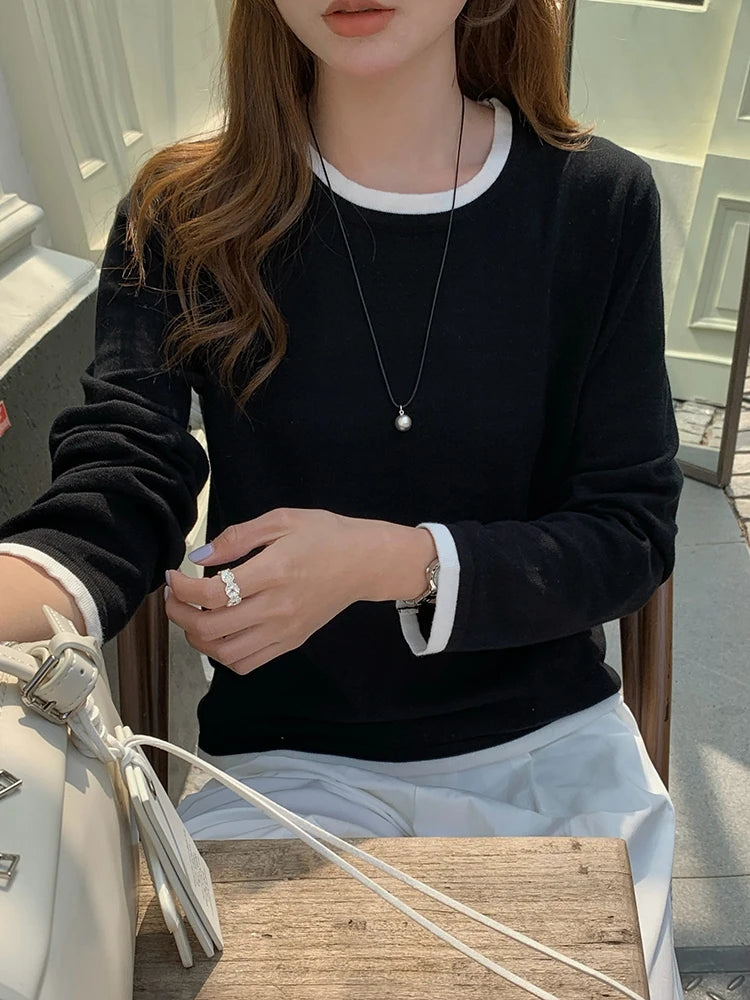 100% Cotton Women O-neck Color Blocking Long Sleeved Shirt Plus Size Clearance Sale Luxury Brands High Quality