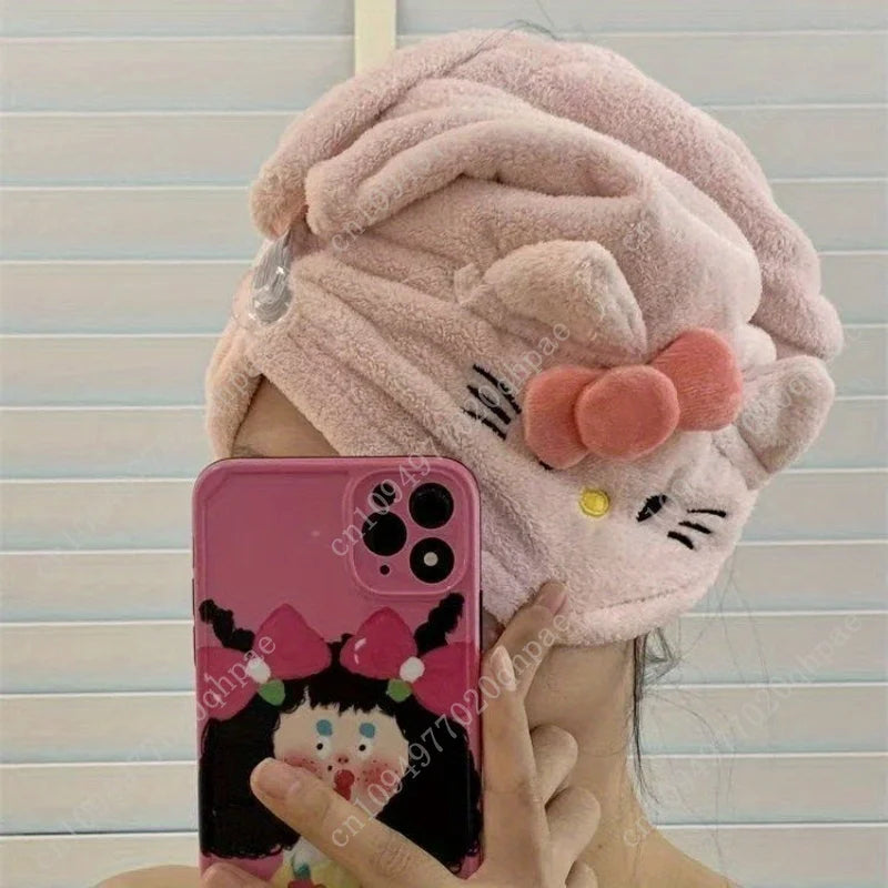 1pc Hello Kitty Hair Drying Cap for Women Ins Coral Fleece Thickened Water-Absorbent Headscarf Non-Shedding Towel Perfect Gift