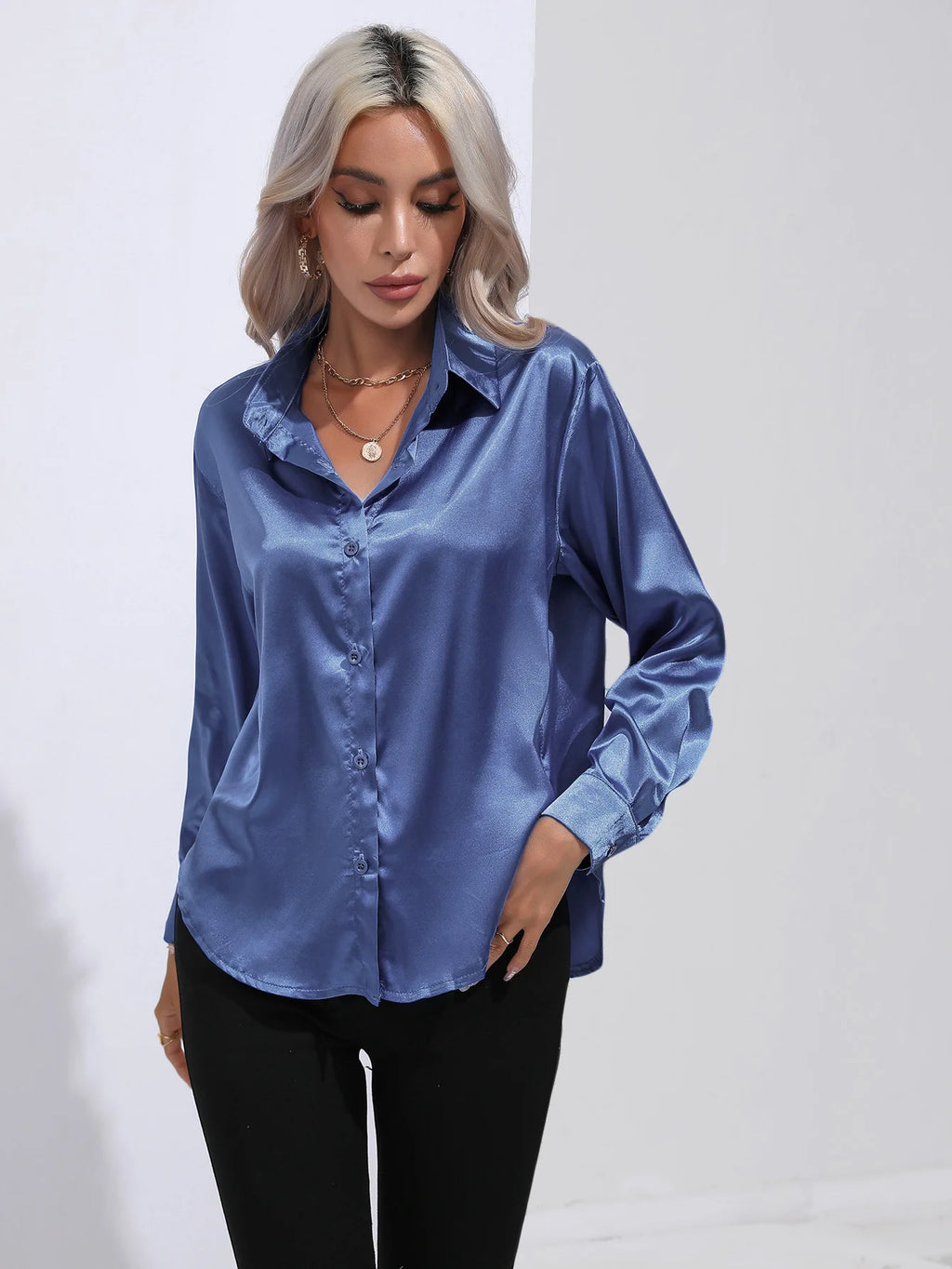 2025 Spring Summer Satin Shirt for Women, V-Neck Long Sleeve Silk Blouse Loose Office Shirt in Black White