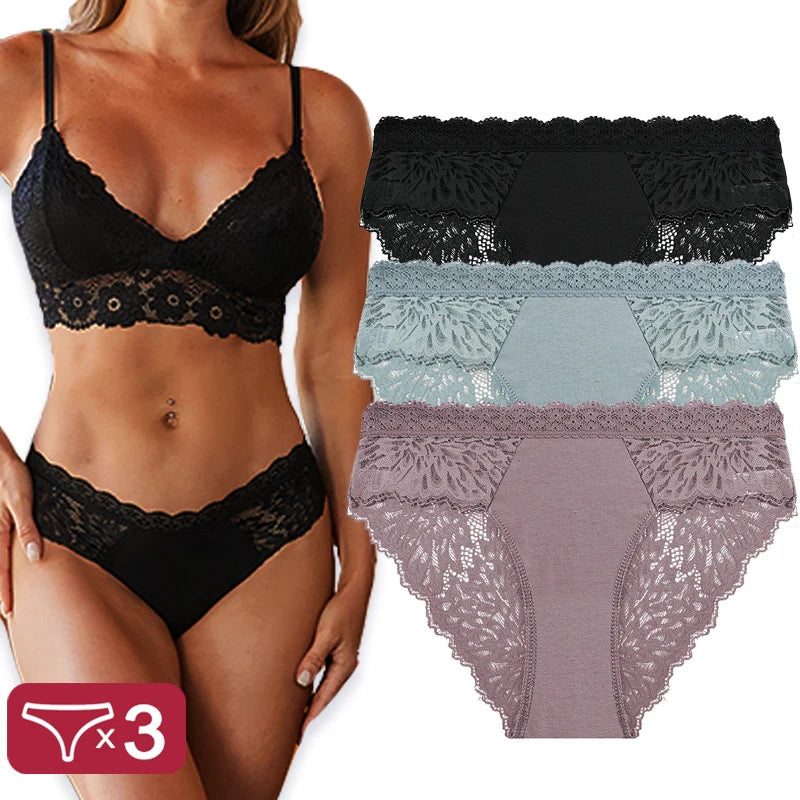 3PCS/Set Sexy Perspective Women Back Lace Panties Patchwork Cotton Underpants Hollow Out Lingerie Underwear Comfortable Briefs