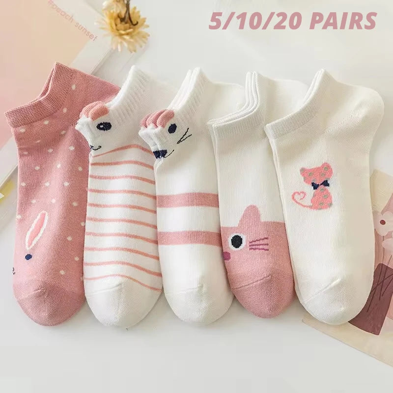 5/10/20 Pairs Women's Short Tube Socks Pink Cat Thin Four Seasons Cute Boat Sockslow Top Ins Trendy Socks