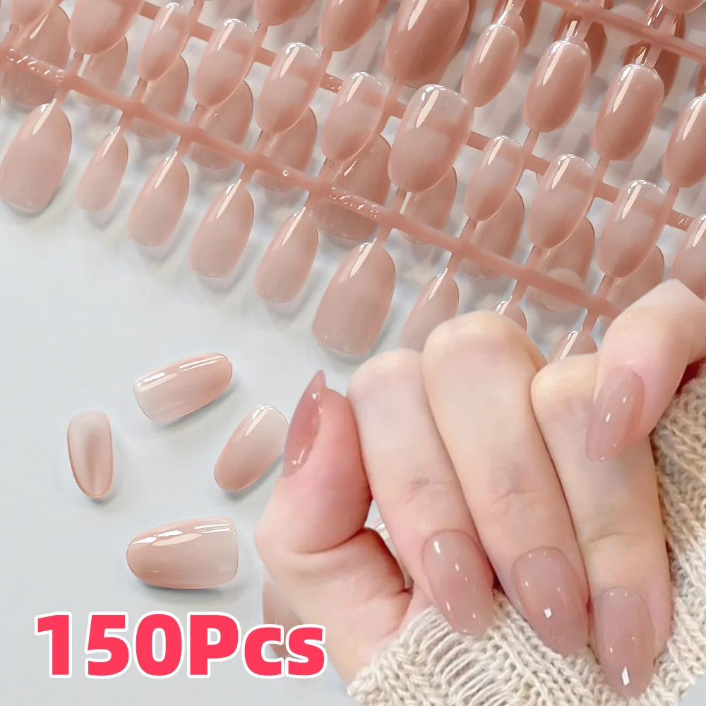 150Pcs Gradient Nude Short Almond Fake Nails XS/S/M Size Glossy Full Cover Press On Nail French False Fingertips for Women Daily