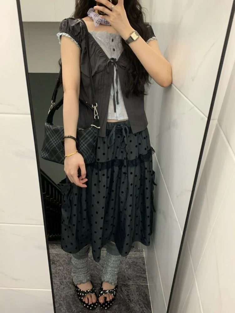 2000 Aesthetic Gray Design Polka Dot Skirt Women New American Retro Cute Skirts Female A-line Hottie Lace Korean Popular Clothes