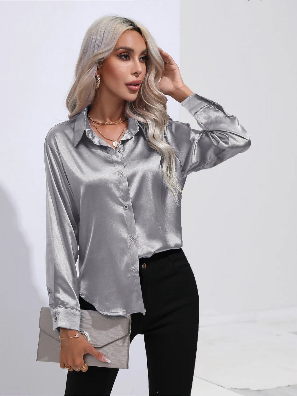 2025 Spring Summer Satin Shirt for Women, V-Neck Long Sleeve Silk Blouse Loose Office Shirt in Black White