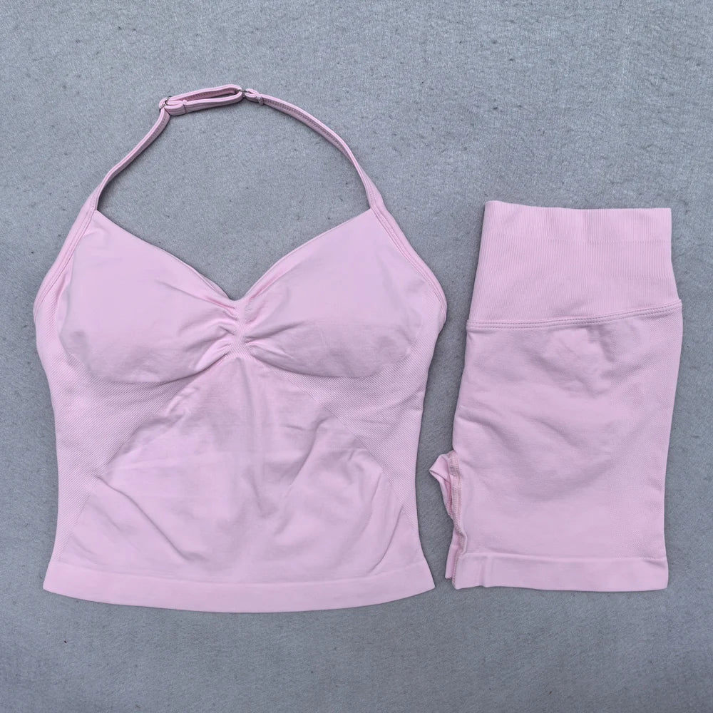2 Pieces Yoga Set Women Backless Halter Tops High Waist Seamless Shorts Gym Suit Fitness Clothes Sportswear Workout Sets