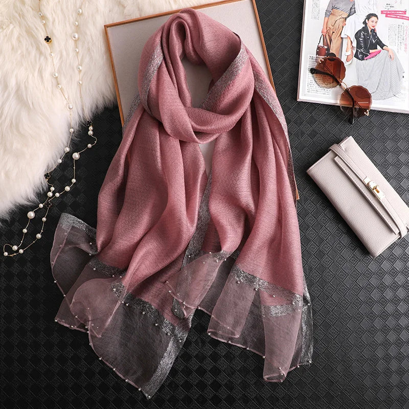 2024 Luxury 100% Silk Shawl Scarf for Women Design Embroidery Flowers Hijab Wraps Bufandas Female Headkerchief Fouloud Echarpe