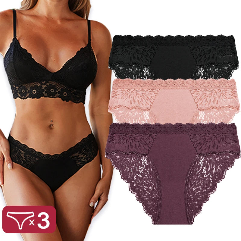 3PCS/Set Sexy Perspective Women Back Lace Panties Patchwork Cotton Underpants Hollow Out Lingerie Underwear Comfortable Briefs