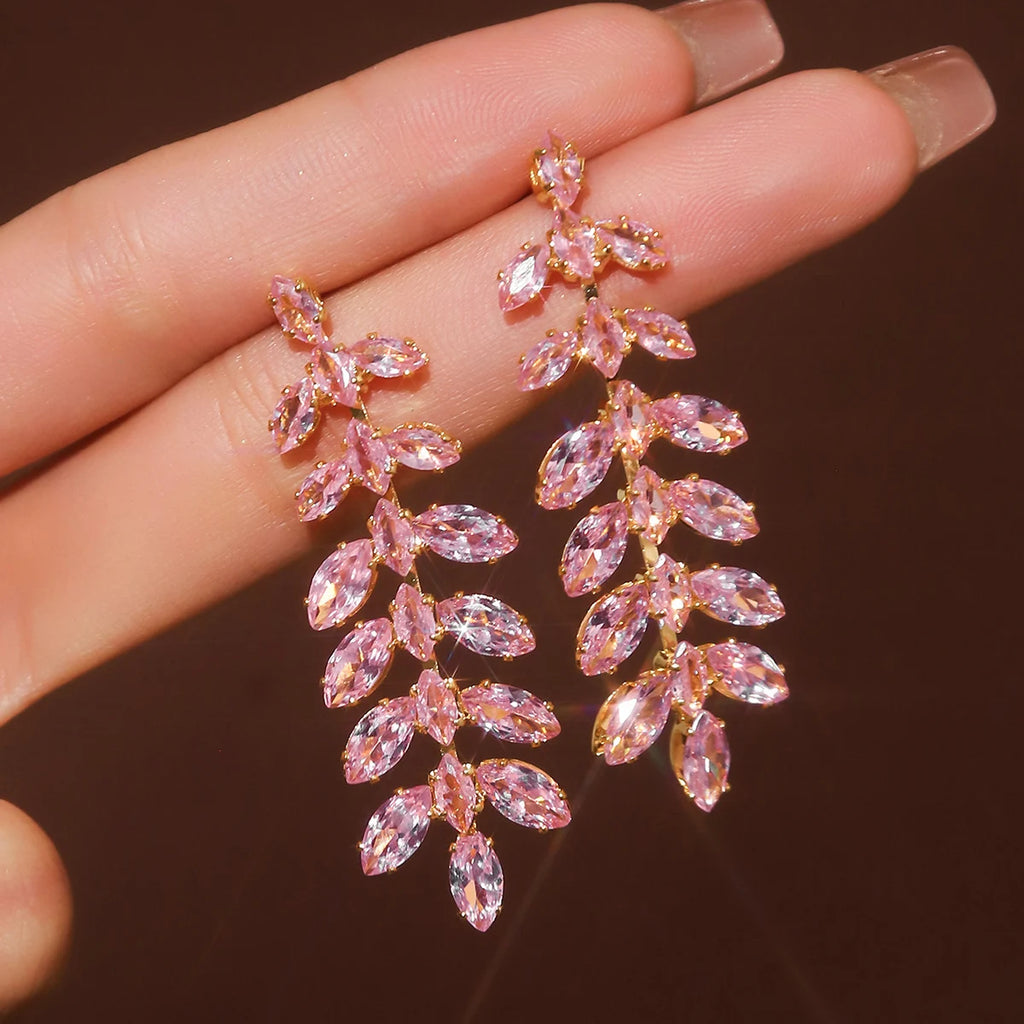 2pcs fashionable and high-end long tassel full diamond leaf earrings for women's banquet dress accessories