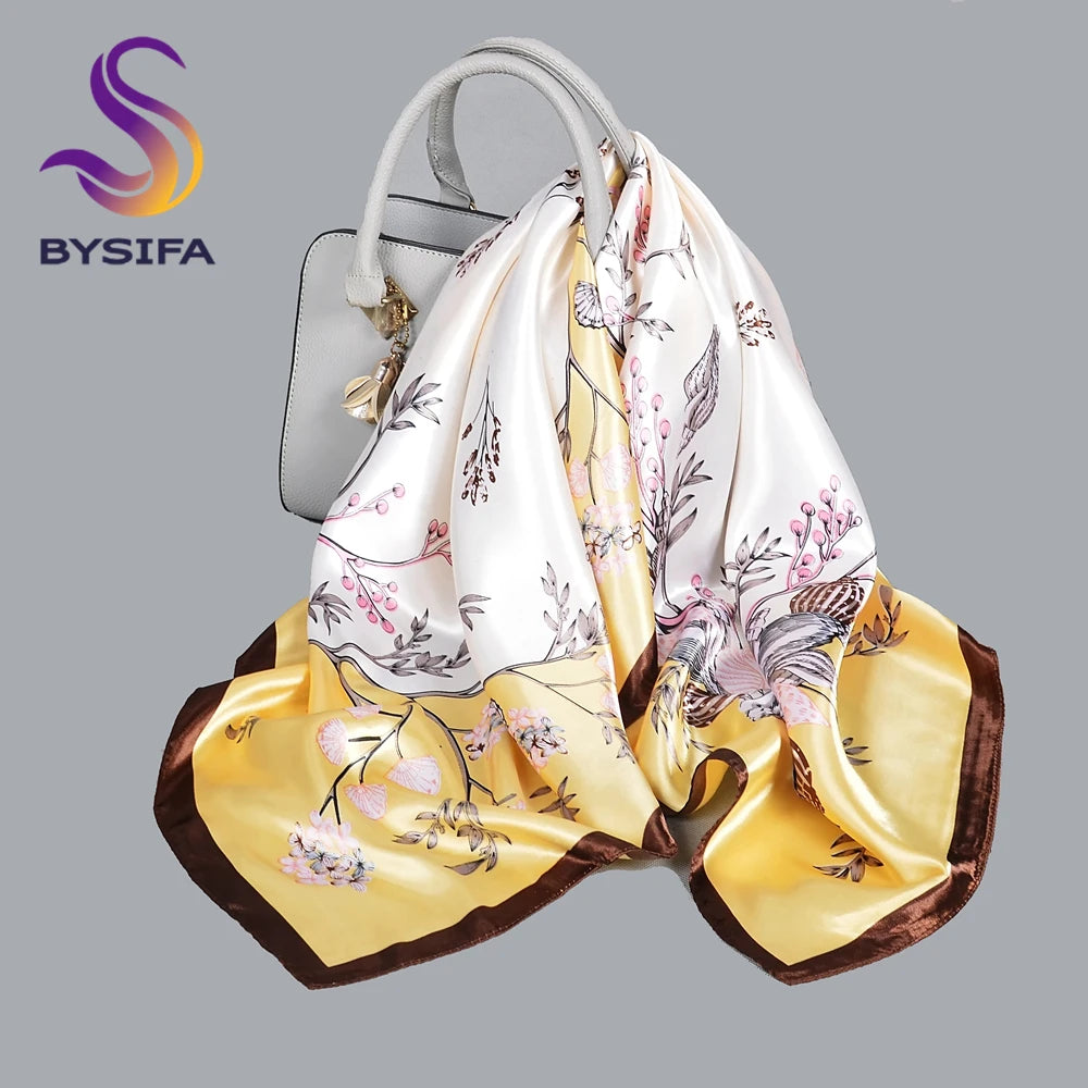 BYSIFA| Pink New Silk Shawl Scarf Women Fashion Elegant Floral Square Satin Scarves Fouldard Fall Winter Neck Scarves Hijiabs