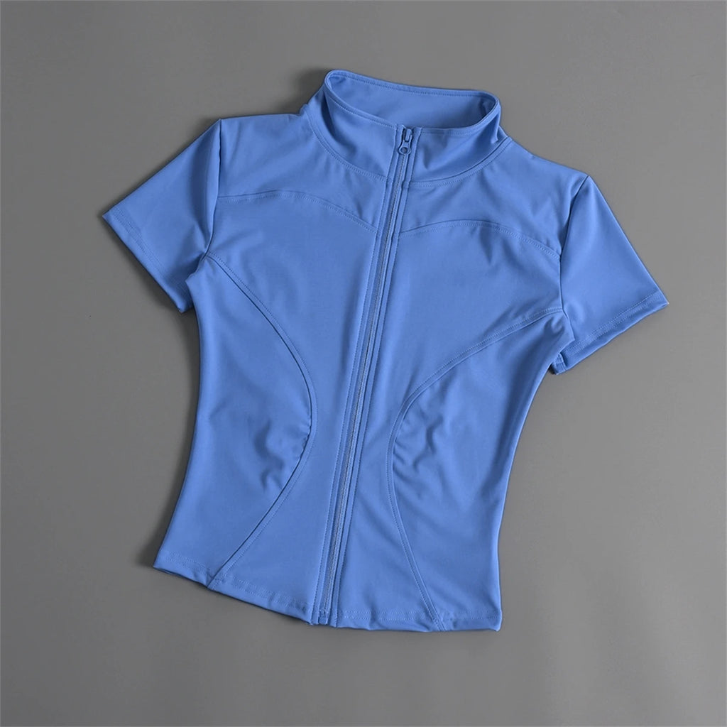Casual Slim Sports Coat For Women Short Sleeve Solid Zipper Tops Female Cycling Running Yoga Outfit Clothes Summer Sport Jacket