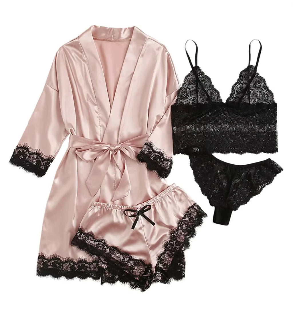 2025New Women's Pajama Fashion 4-piece Set Lace Satin Strap Sexy Pajama Set Dress Skin friendly Comfortable Casual Pajama Skirt