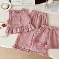 2pc/Set Baby Girl Set Summer Pink Checkered Cotton Sleeveless Top Long Pants Costume For Baby Cute Girls' Beach Set