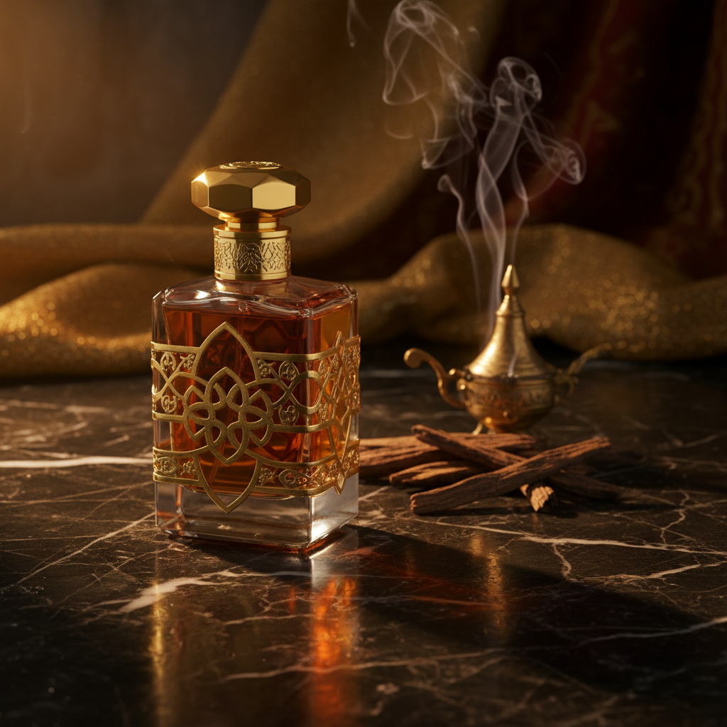 Arabian Oud perfume on dark marble surface with moody lighting