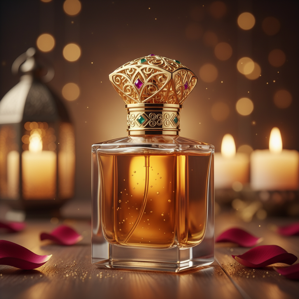 Arabian Oud perfume bottle close-up with gold cap details