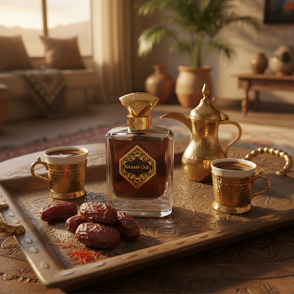 Arabian Oud perfume lifestyle shot with dates and Arabic coffee